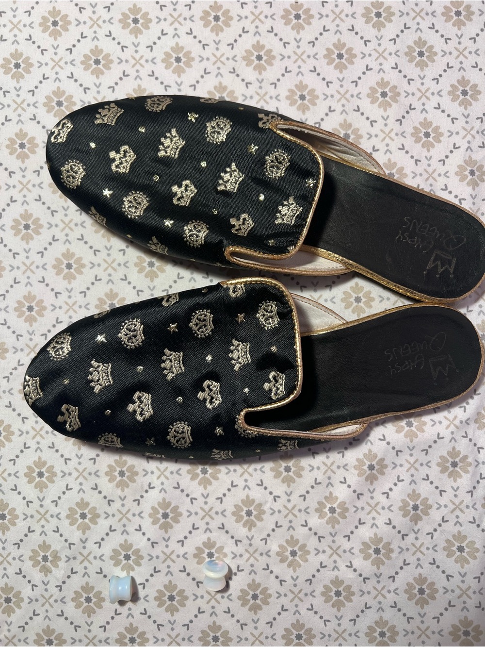 Black & Gold Embroidered Crown Slip-On Mules for Women